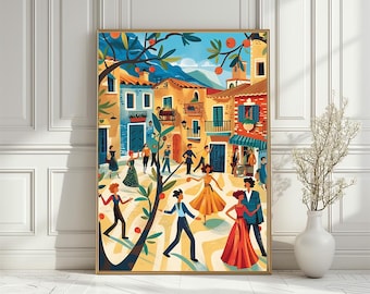 Puede incluir: Una ilustración colorida de una escena de pueblo europeo con gente bailando en la calle. Los edificios están pintados en colores brillantes y el cielo es azul. Hay árboles y flores en el fondo.