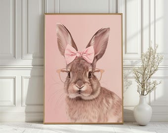 Rosa Hase, Mädchen Portrait Print, Kinderzimmer Dekor, digitaler Download
