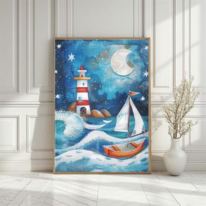 Maritimer Kinderzimmer Druck, Leuchtturm und Boot bei Nacht Poster, Verträumtes Meer, Kinderzimmer Druck, Sternenhimmel Kunstdruck, Digitaler Download