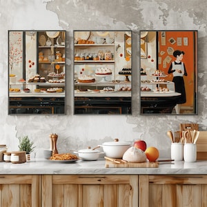 Zestaw wydruków French Bakery Kitchen Gallery, zestaw plakatów z ilustracjami France Patisserie, prezent dla szefów kuchni, wydruk dla miłośników jedzenia, pobieranie cyfrowe