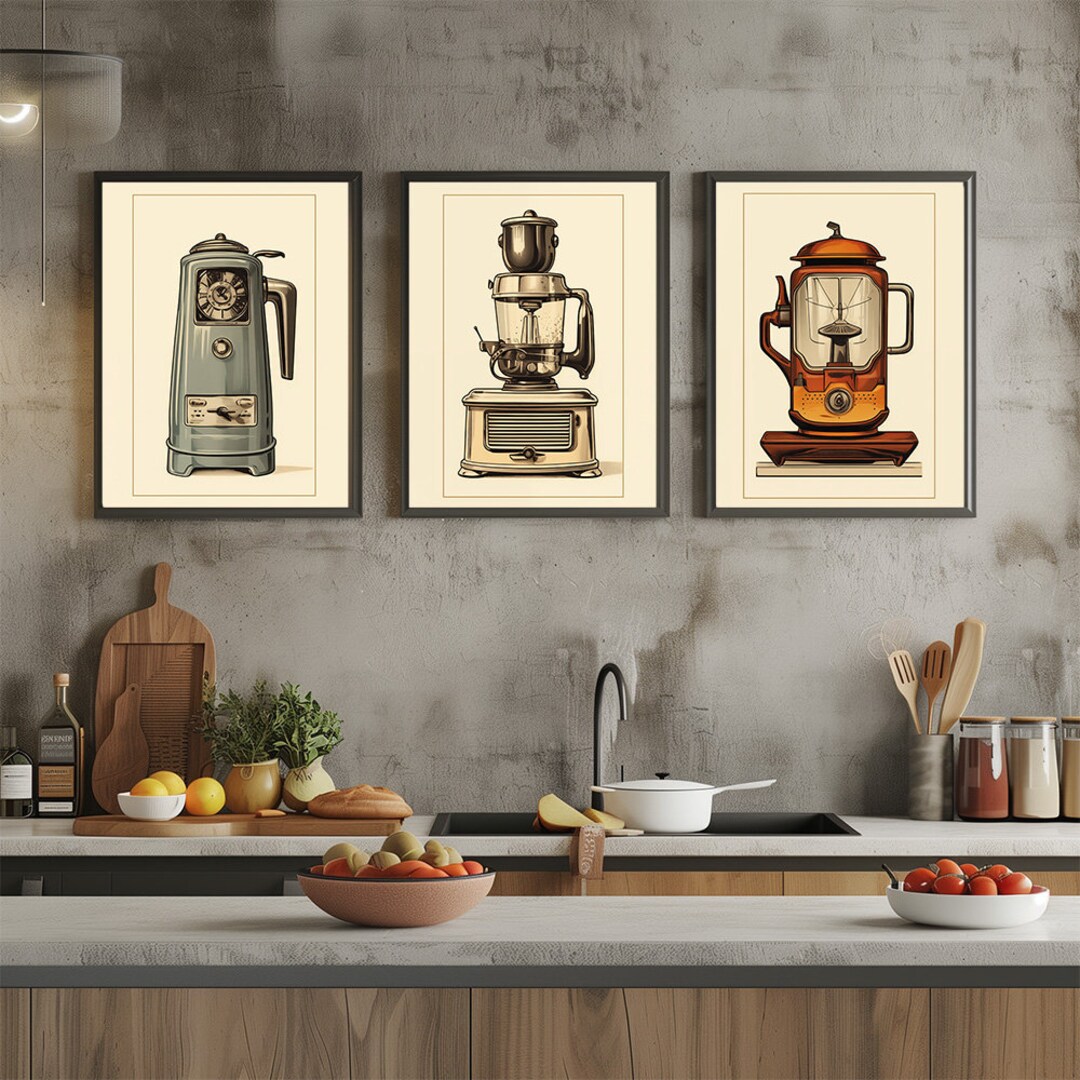 retro kitchen prints, set of 3, food wall art (digital... Set of 3 Vintage Kitchen Print Set, Retro Style Design Small Appliances ...