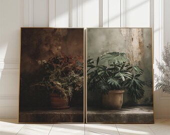 Vintage Plant Still Life Prints, Dark Floral Botanical Poster Set (Digital Download)