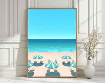 Tropische Strandszene Illustration, lebhafte Küstenwandkunst, Druck (digitaler Download)