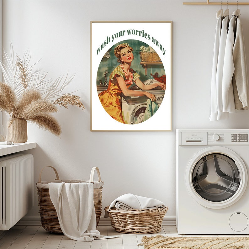 Vintage Laundry Room Art Print: Retro Woman, Washing Machine (digital ...