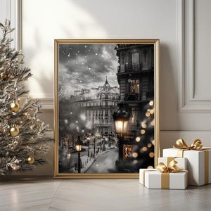 Paris Winterabend mit Schnee Kunstdruck, Elegante Schwarz Weiß Weihnachtskarte, Europäische Festliche Stadt Szene Wand Poster, Digital Download