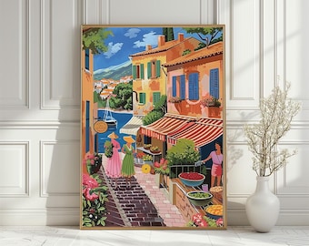 Mediterranean Village Street Market Art Print: Coastal Riviera Scene (Digital Download)