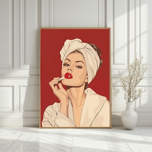 Glamorous Lady with Red Lips Bathroom Print, Lady with Lipstick Illustration Wall Print, Girl in Bathrobe and Make Up, Digital Download