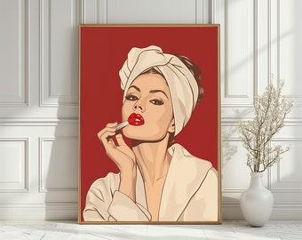 Red Lips Glamour Girl-badkamerafdruk: elegant vrouwenportret (digitale download)