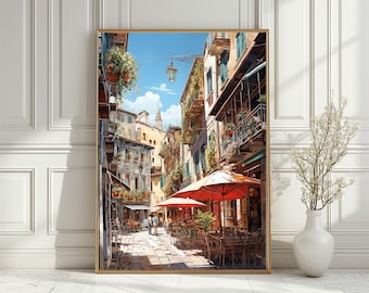 European Town Street View Art Print: Mediterranean Cafe Scene (Digital Download)