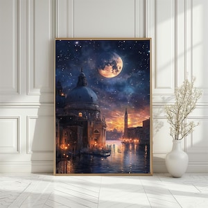 Magisches Venedig Panorama Poster, Europäische Stadt im Mondlicht, Wandbild, Vollmond in der Venezianischen Nacht, romantischer Kunstdruck, Digital Download