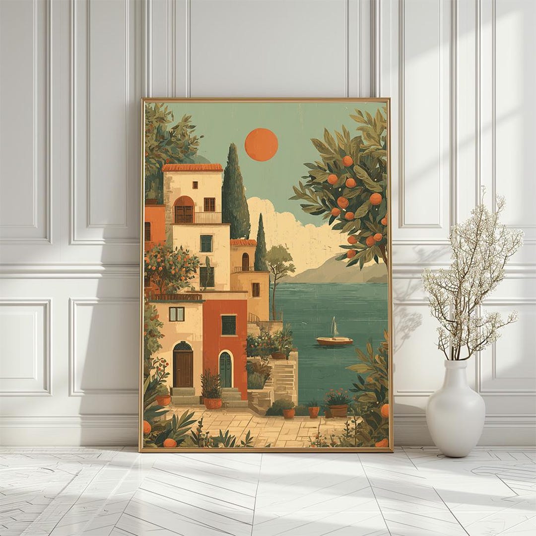 Mediterranean Coastal Art Print, Boho Vintage Italian Riviera Poster ...