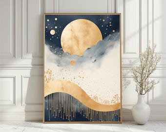 Abstrakter Mond Himmel Kunstdruck, Gold und Blau Boho Wand Dekor (digitaler Download)