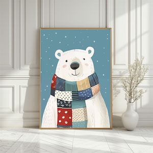 Cute Polar Bear Portrait with Patchwork Scarf Nursery Print, Adorable Animal Illustration Poster, Neutral Baby Room Decor, Digital Download