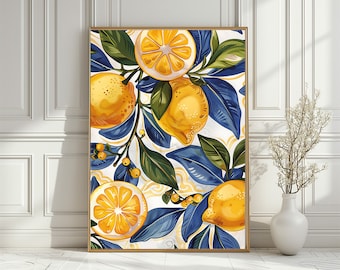Puede incluir: Una pintura digital de limones y hojas sobre un fondo blanco. Los limones son amarillos y las hojas son verdes y azules.