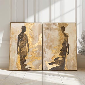 Minimalistische Silhouette Kunstwerk Set, Abstraktes Gold Poster Mann und Frau, Elegante Menschliche Figuren für Zeitgenössische Wohnkultur, Digital Download