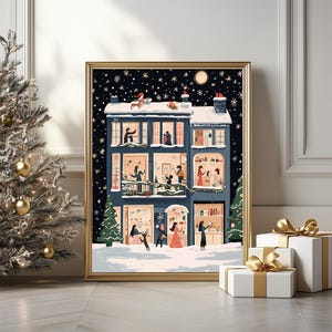 Winter Wohnung Weihnachtsszene Poster, Verschneite Nacht Stadthaus Illustration, Moderne Weihnachtskarte, Feiertag Gebäude Druck, Digitaler Download