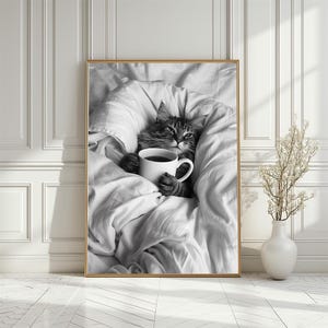 Black and White Cat Coffee Art Print: Whimsical Bedroom Decor (Digital Download)