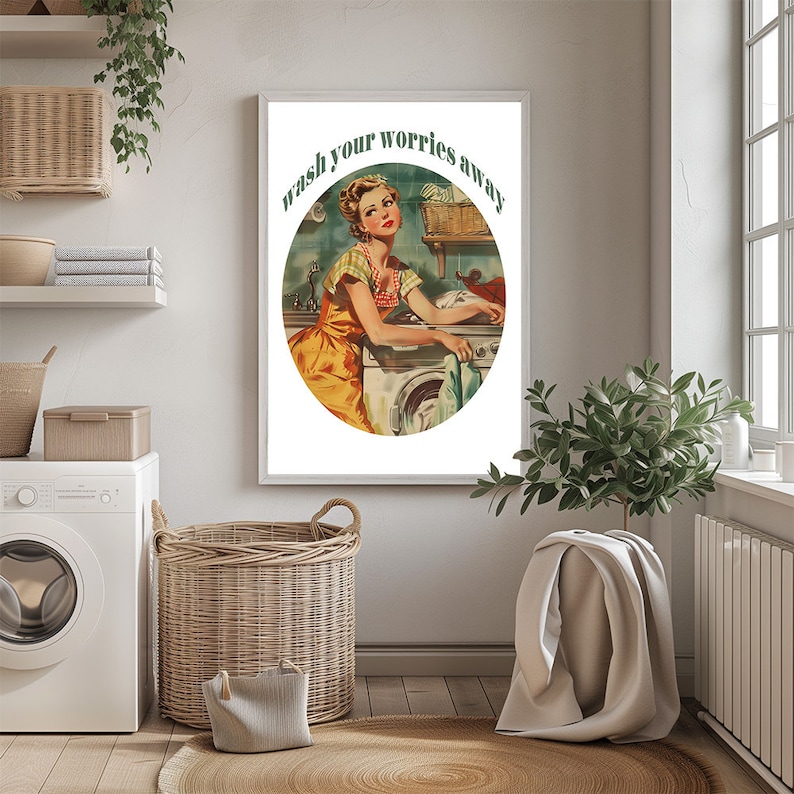 Vintage Laundry Room Art Print: Retro Woman, Washing Machine (digital ...