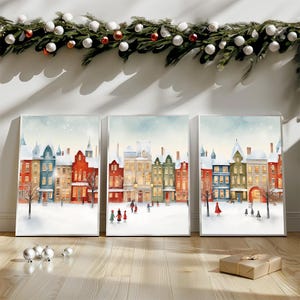 Verschneites Weihnachtsdorf Kunstdruck Set, Winter Stadtansicht Wandgalerie (Digitaler Download)
