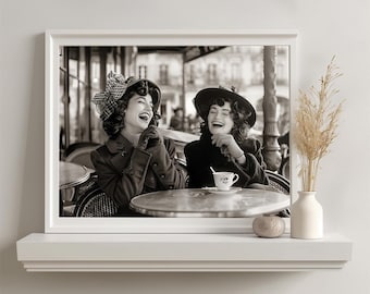 Vintage Frauen im Cafe Druck, schwarz und weiß Pariser Wand Dekor (digitaler Download)