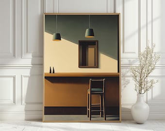 Può includere: Un'illustrazione minimalista di un interno di bar con uno sgabello singolo, un bancone e due luci sospese. Le pareti sono di colore beige chiaro e il bancone è in legno marrone scuro. Lo sgabello è in legno marrone scuro con un cuscino verde. Le luci sono di colore verde scuro e sono appese al soffitto. L'illustrazione è incorniciata in una cornice di legno marrone chiaro.