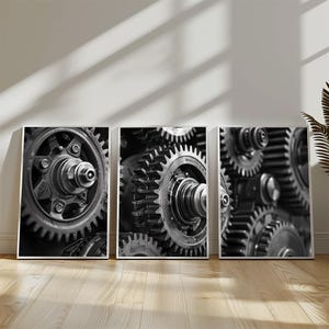 白黒ギアポスターセット、インダストリアルシックなウォールアート（デジタルダウンロード）