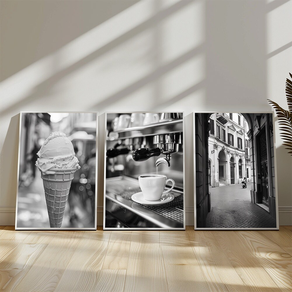 Black and White Rome Poster Set of 3, Italy Art Prints with Gelato Espresso and Old Streets, Elegant Monochrome Printable, Digital Download
