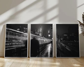 City Bridge View Print Set, Black and White Urban Night Lights (Digital Download)