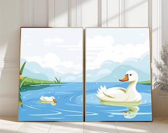 Láminas infantiles de la familia de patos: ilustración de una madre y su cría (descarga digital)