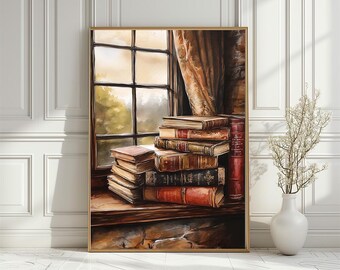 Vintage Books by Window Art Print: Cozy Cottage Decor, Digital Download
