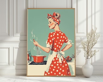 Vintage Housewife Kitchen Art Print, Retro 1950s Woman Cooking Wall Decor (Digital Download)