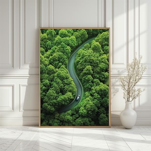Malerische Waldlandschaft Top Aussicht Poster, minimalistische Natur inspiriert Kunstdruck, friedliche Autofahrt in Waldstraße Kunstwerk, digitaler Download