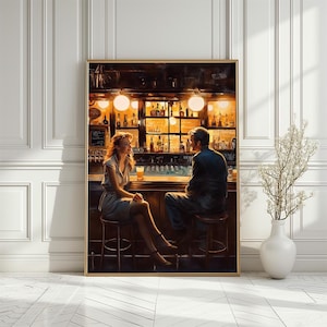 May include: A painting depicting a couple seated at a bar, the woman holding a glass of beer and the man gazing at her. The bar is dimly lit with bottles of alcohol lining the shelves behind them.