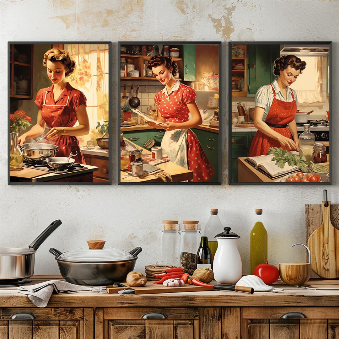 Set of 3 Vintage Kitchen Wall Art, Ladies Cooking Activities in 1950s ...