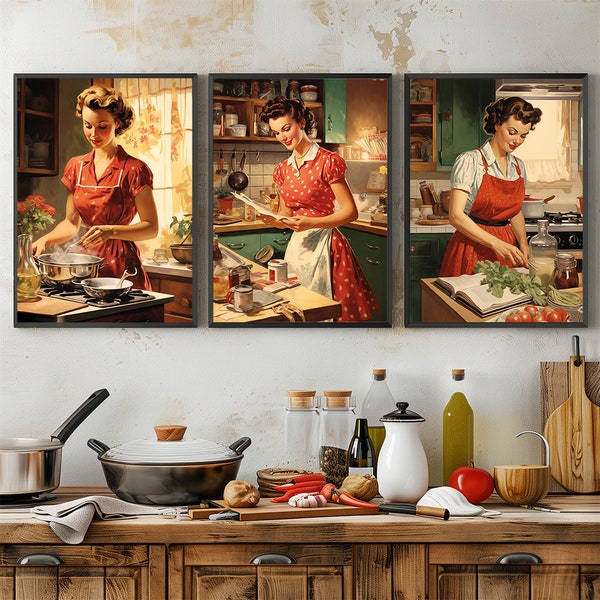 Set of 3 Vintage Kitchen Wall Art, Ladies Cooking Activities in 1950s Retro Printable, Food Preparation in Old Style Poster,Digital Download