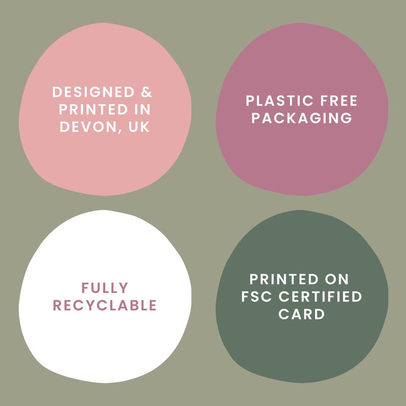 May include: Four circular shapes in light pink, mauve, white, and dark green on a sage background. Text reads: DESIGNED & PRINTED IN DEVON, UK; PLASTIC FREE PACKAGING; FULLY RECYCLABLE; PRINTED ON FSC CERTIFIED CARD. The design highlights product sustainability.