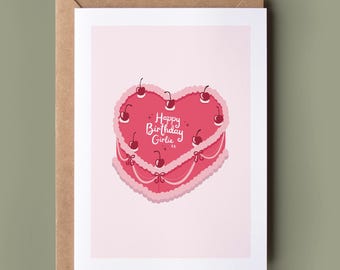 Happy Birthday Girlie Card - For Your Girls, Female Friendship Card, Card For Your Best Gal, Bday Cake Card, Card For Her, Vintage Cake