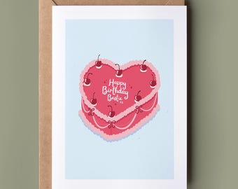 Happy Birthday Bestie Card - For Your Girls, Female Friendship Card, Card For Your Best Friend, Bday Cake Card, Card For Her, Vintage Cake