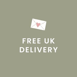 May include: A sage green square graphic featuring a white line-drawn envelope icon with a small pink heart in the center. Below the envelope, the text "FREE UK DELIVERY" is printed in a clean, white, sans-serif capital letter font.
