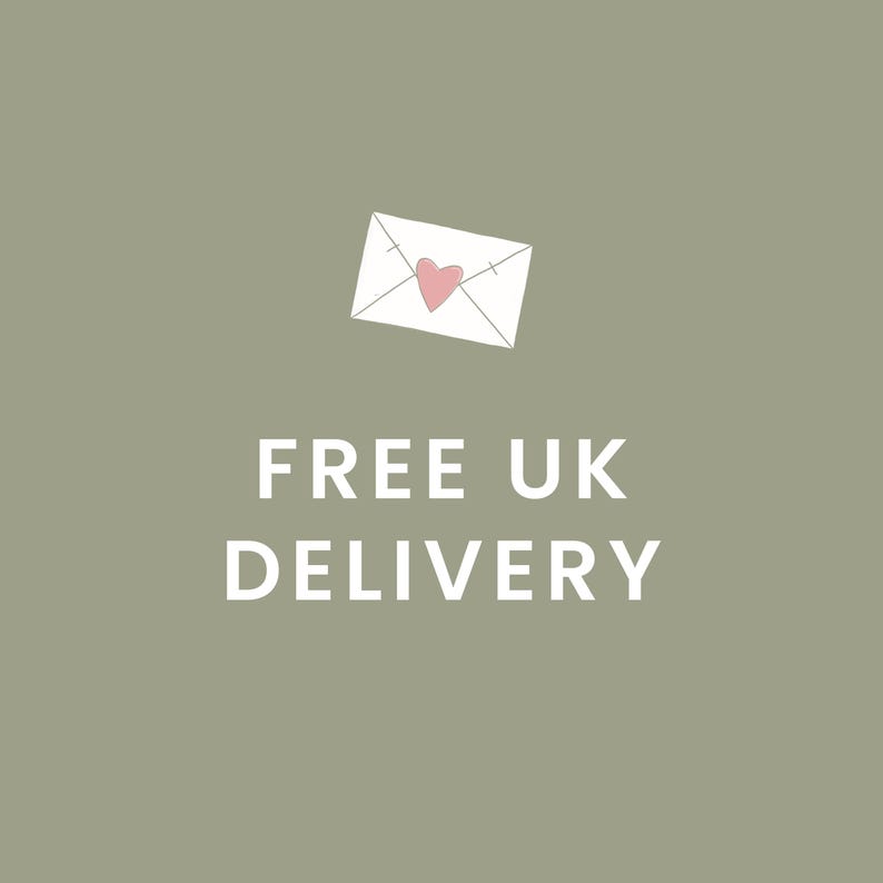 May include: A sage green square graphic featuring a white line-drawn envelope icon with a small pink heart in the center. Below the envelope, the text "FREE UK DELIVERY" is printed in a clean, white, sans-serif capital letter font.