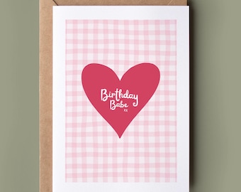 Birthday Babe Card - For Your Girls, Female Friendship Card, Card For Your Best Friend, Gingham Card, Birthday Card For Her