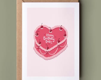 Happy Birthday Bestie Card - For Your Girls, Female Friendship Card, Card For Your Best Friend, Bday Cake Card, Card For Her, Vintage Cake