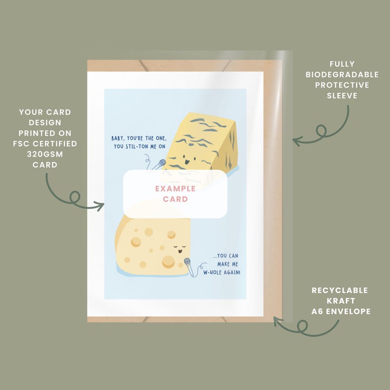 May include: A greeting card featuring a light blue background with two illustrated cheese wedges holding microphones. The text reads: Baby, you're the one, you Stil-ton me on... you can make me w-hole again! The card is inside a clear sleeve with a kraft envelope.