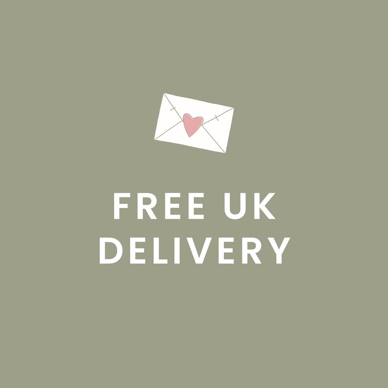 May include: A sage green square graphic featuring a white line-drawn envelope icon with a small pink heart in the center. Below the envelope, the text "FREE UK DELIVERY" is printed in a clean, white, sans-serif capital letter font.