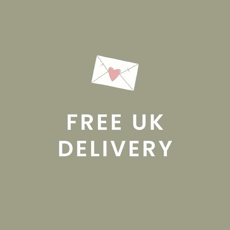 May include: A white envelope with a pink heart on a green background. The text "FREE UK DELIVERY" is below the envelope.