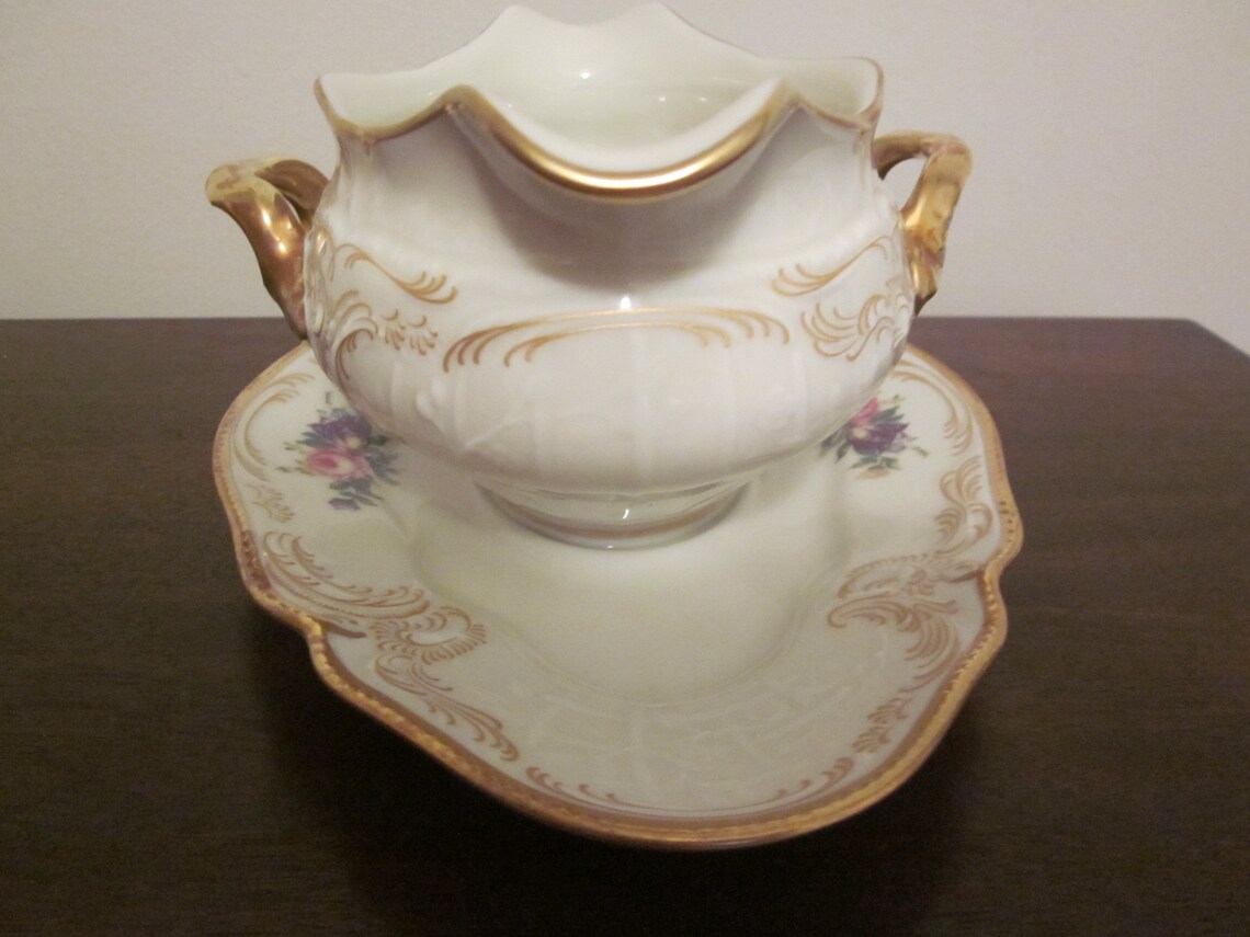 Rosenthal Sanssouci Diplomat Gold Rimmed White Floral Gravy Etsy