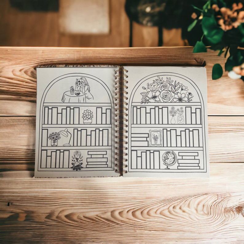 May include: A black and white illustration of two bookshelves with various items on the shelves, including books, a lamp, a globe, and flowers. The illustration is on a brown paper background.