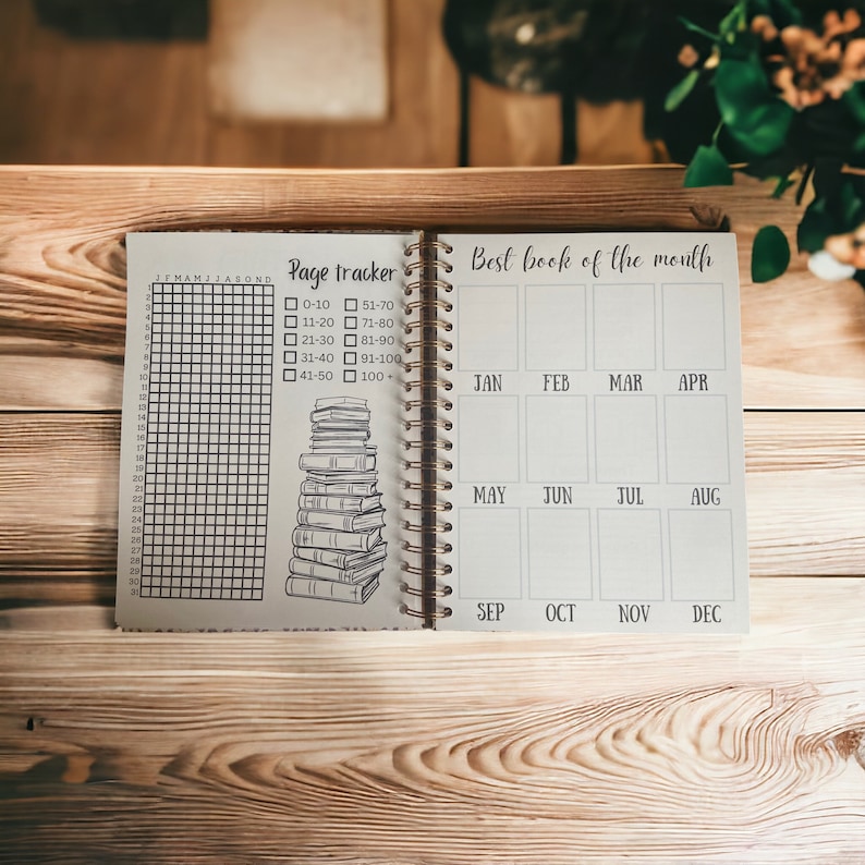 May include: A beige book with a page tracker and a "Best book of the month" section. The page tracker has a grid for marking pages read and a list of page ranges. The "Best book of the month" section has a grid for each month of the year.