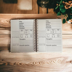 May include: A blank book with a spiral binding, designed for tracking reading progress. The book has sections for title, author, genre, started, finished, number of pages, part of series, series title, format, favourite characters, thoughts, and favourite quotes.