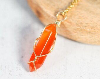 Handmade Wire Wrapped Carnelian Crystal Point Pendant Necklace